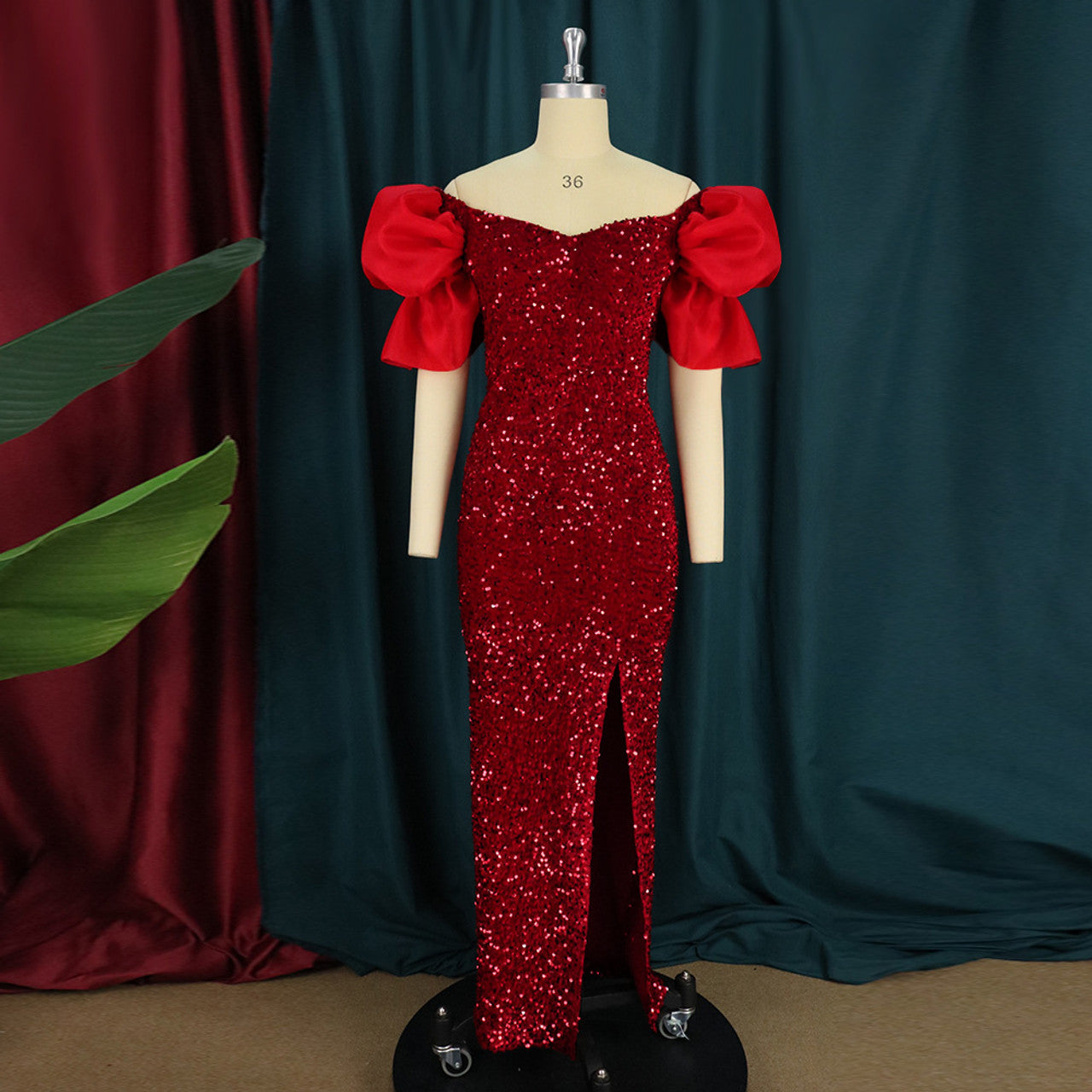 Puff sleeves sequin high-rise split dress