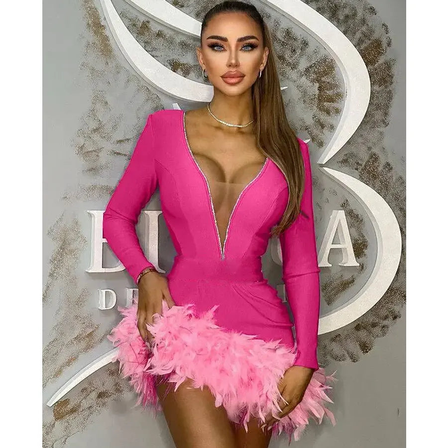 Spring Women Long Sleeve Fashion Pink Festhers Sexy Bodycon Mini Dress