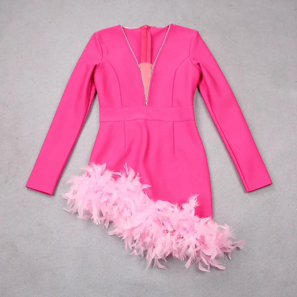 Spring Women Long Sleeve Fashion Pink Festhers Sexy Bodycon Mini Dress