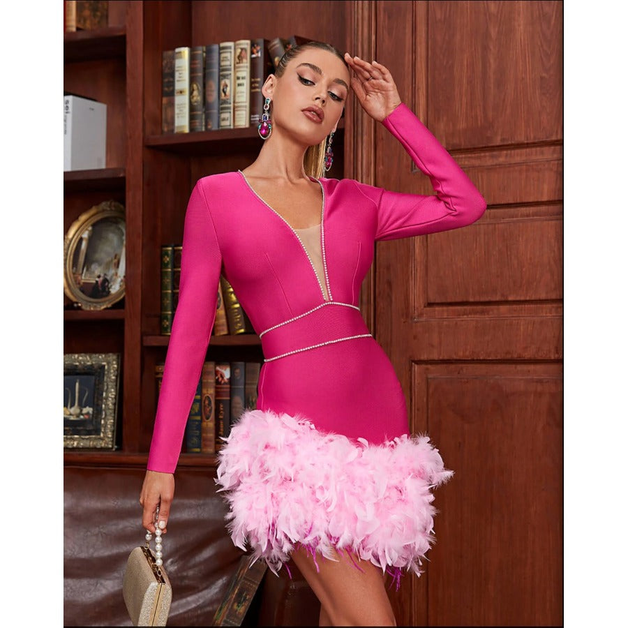 Spring Women Long Sleeve Fashion Pink Festhers Sexy Bodycon Mini Dress