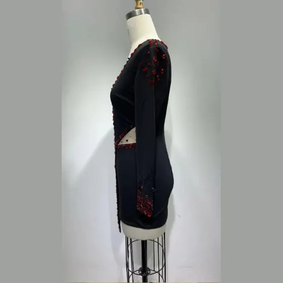 Luxury Women Sexy V Neck Long Sleeve Studded Black Mini Bodycon Dress