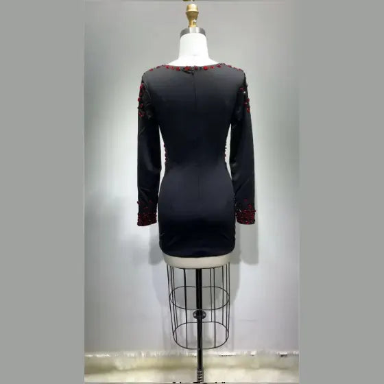Luxury Women Sexy V Neck Long Sleeve Studded Black Mini Bodycon Dress