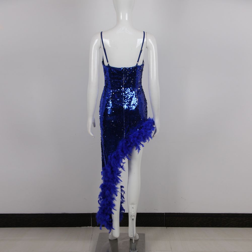 Elegant Ladies Party V-neck Backless Dresses Royal Blue Sequin Women Dress With Feather