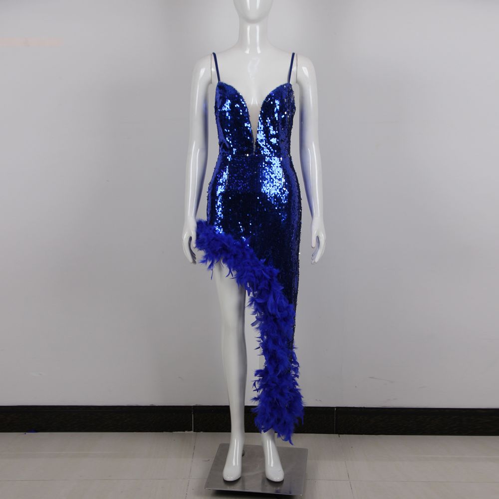 Elegant Ladies Party V-neck Backless Dresses Royal Blue Sequin Women Dress With Feather