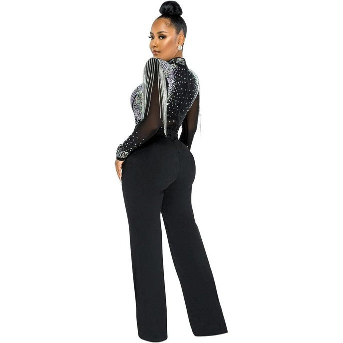 Casual Slim Fit High Neck Sheer Rhinestone Fringe Jumpsuit