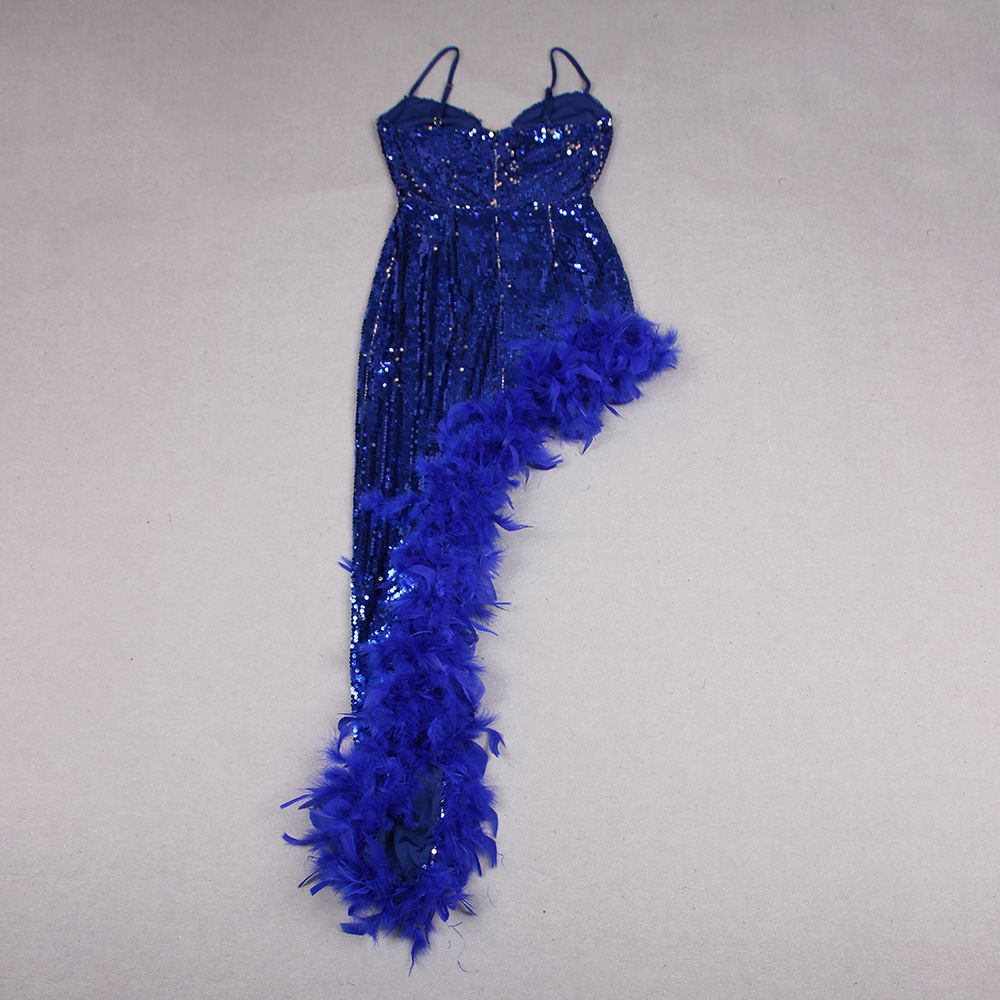 Elegant Ladies Party V-neck Backless Dresses Royal Blue Sequin Women Dress With Feather