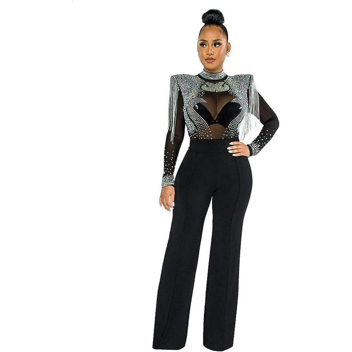 Casual Slim Fit High Neck Sheer Rhinestone Fringe Jumpsuit