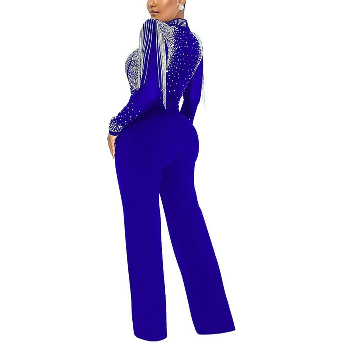 Casual Slim Fit High Neck Sheer Rhinestone Fringe Jumpsuit