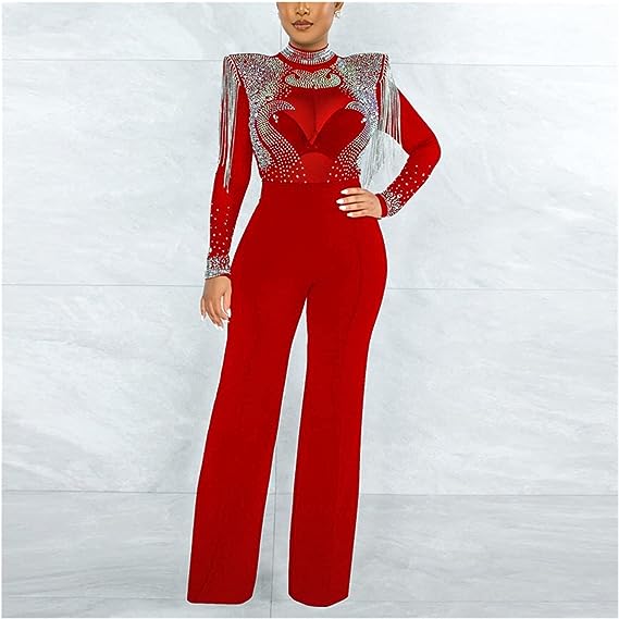 Casual Slim Fit High Neck Sheer Rhinestone Fringe Jumpsuit