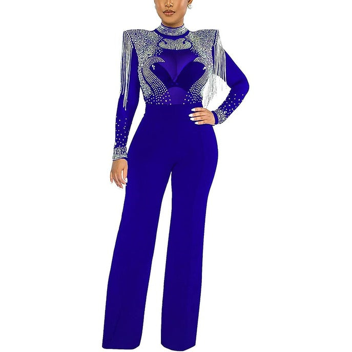 Casual Slim Fit High Neck Sheer Rhinestone Fringe Jumpsuit