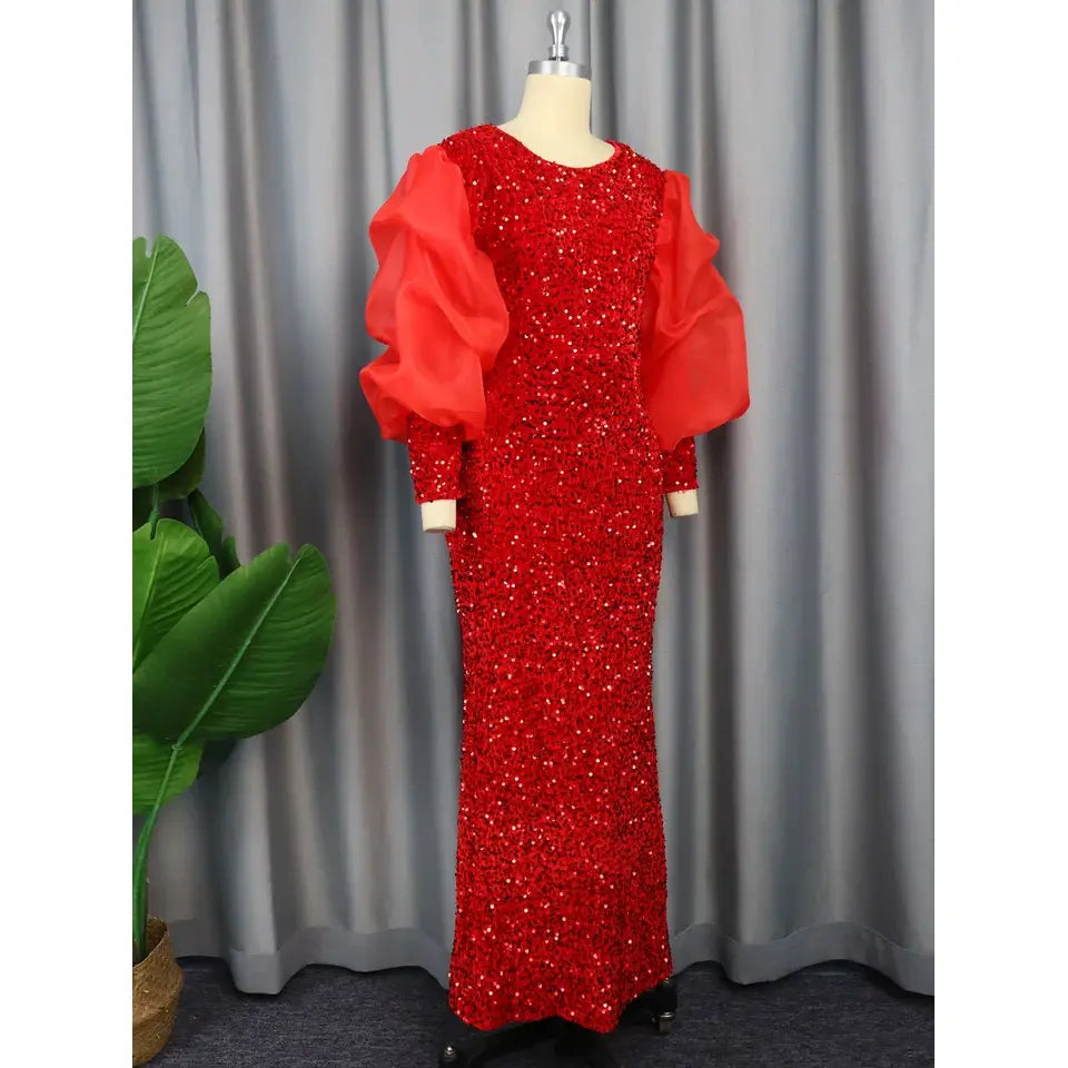 Vintage Puff Sleeves Sequin Temperamental Robe Femme Evening Dresses