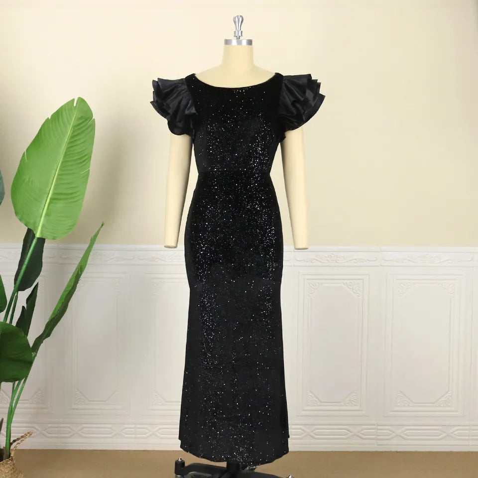 Elegant Black Glitter Fishtail Maxi Classy Birthday Women Evening Dress