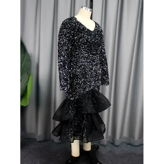 Sequin Formal Patchwork Factory Women Black Glitter Dress Plus Size