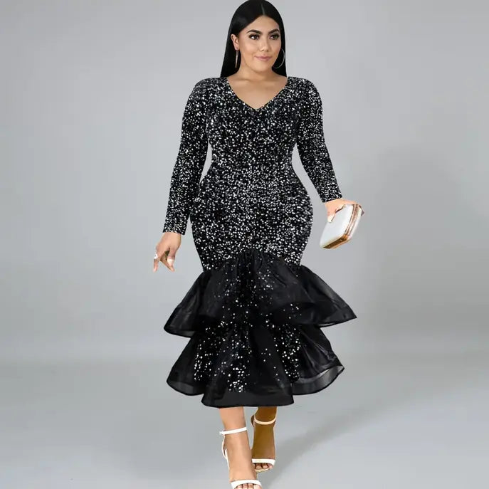 Sequin Formal Patchwork Factory Women Black Glitter Dress Plus Size