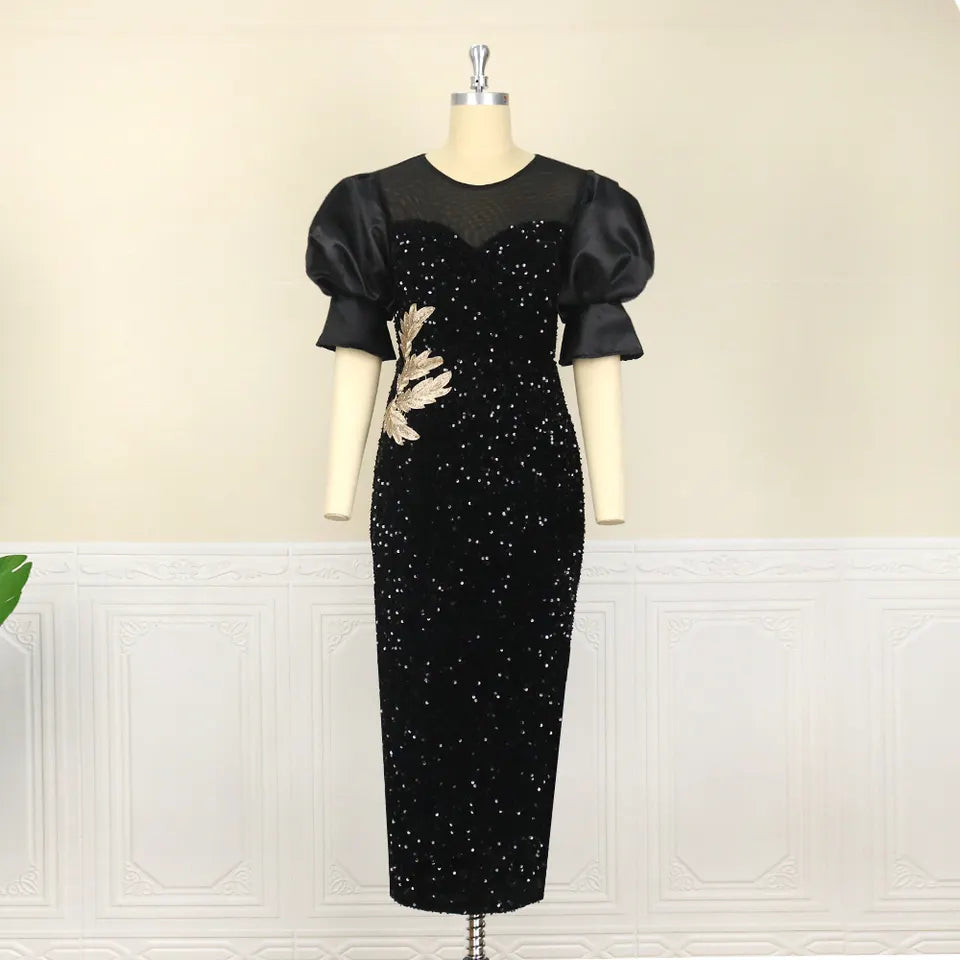 Long Black Classy Embroidered Sequined Puff Sleeve Women Evening Dress