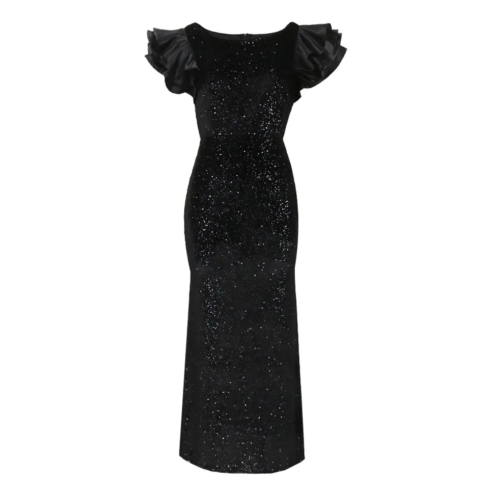 Elegant Black Glitter Fishtail Maxi Classy Birthday Women Evening Dress