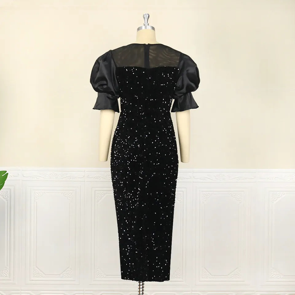 Long Black Classy Embroidered Sequined Puff Sleeve Women Evening Dress