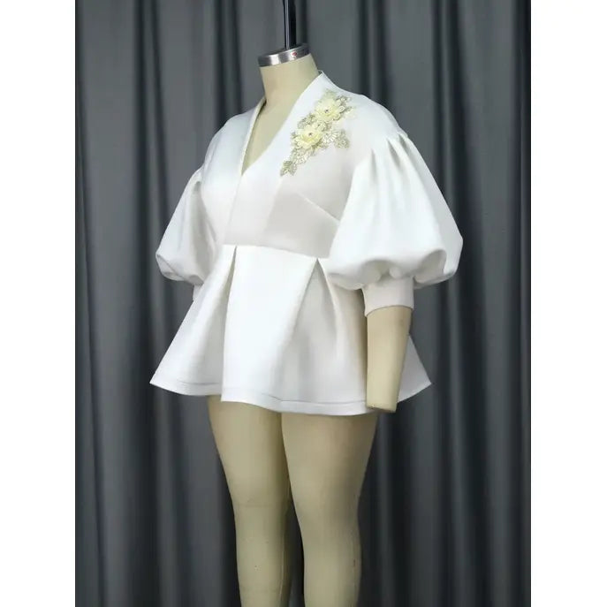 Fall New Lantern Sleeve White V Neck Appliques Plus Size Lady Blouses