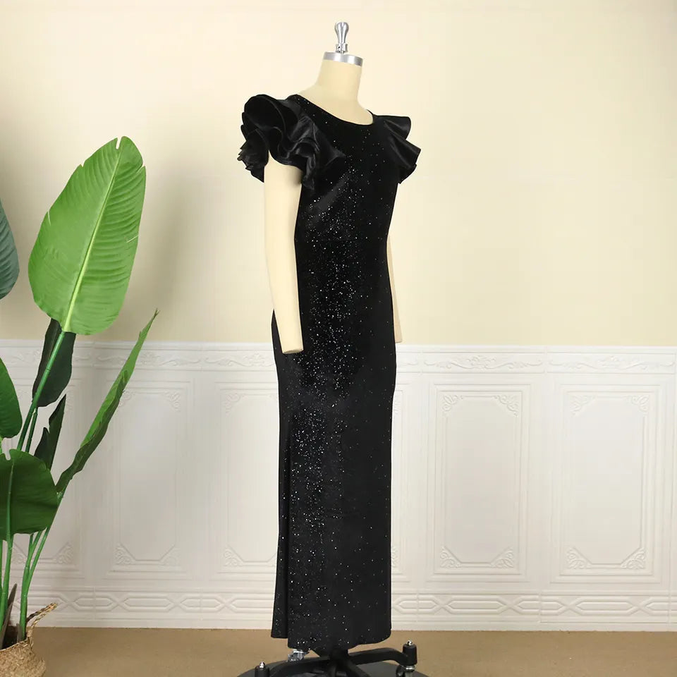 Elegant Black Glitter Fishtail Maxi Classy Birthday Women Evening Dress