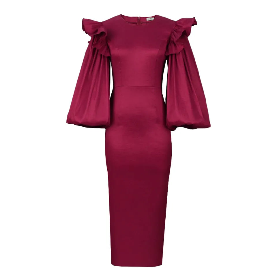 Spring Long Lantern Sleeve Midi Ruffles Wedding Women Evening Dress