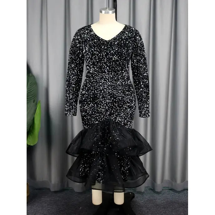 Sequin Formal Patchwork Factory Women Black Glitter Dress Plus Size