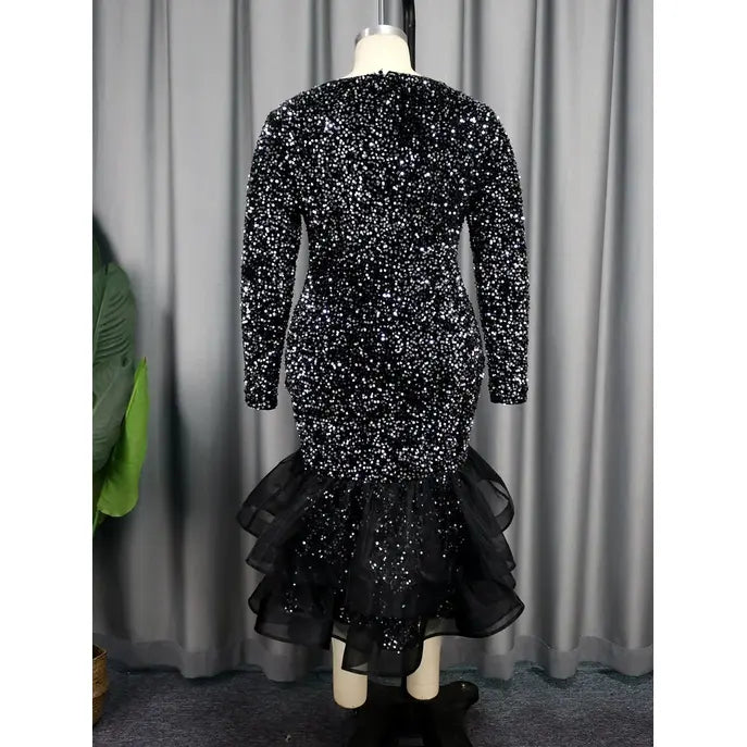 Sequin Formal Patchwork Factory Women Black Glitter Dress Plus Size