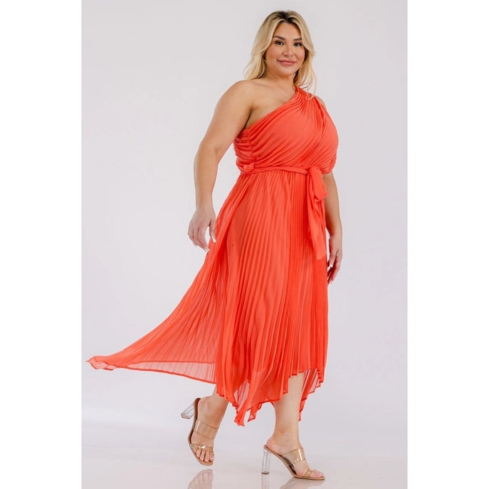 Plus One Shoulder Pleated Midi Dress