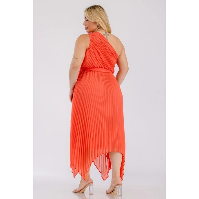 Plus One Shoulder Pleated Midi Dress