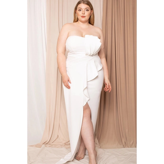 Plus Size Pleat and Ruffle Detail Slit Sleeveless Tube Gown