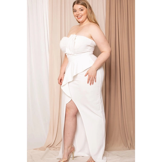 Plus Size Pleat and Ruffle Detail Slit Sleeveless Tube Gown