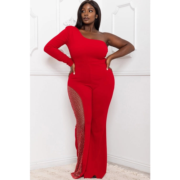 Plus Size One Shoulder Rhinestone Mesh Inset Wide Leg Jumpsuit