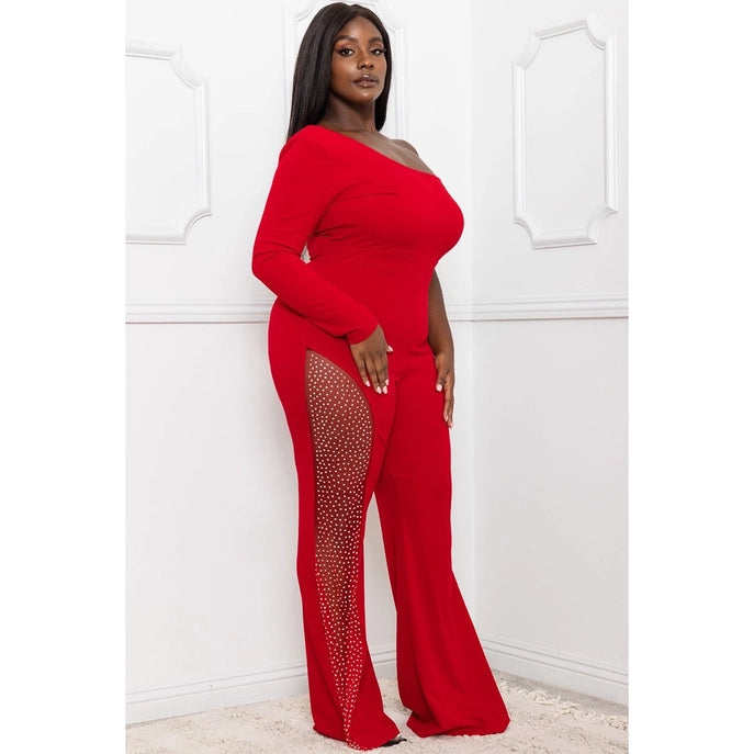 Plus Size One Shoulder Rhinestone Mesh Inset Wide Leg Jumpsuit