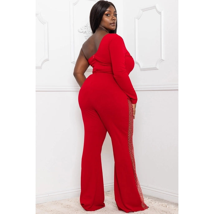 Plus Size One Shoulder Rhinestone Mesh Inset Wide Leg Jumpsuit