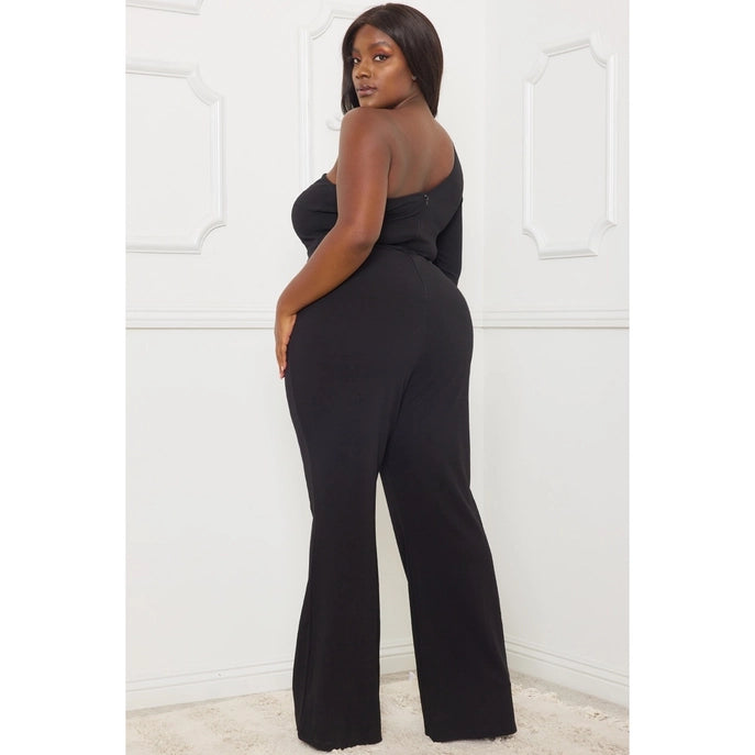 Plus Size One Shoulder Rhinestone Mesh Inset Wide Leg Jumpsuit