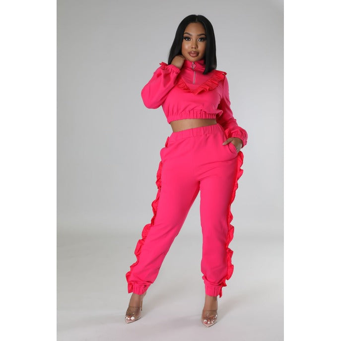 Ruffled Moments Pant Set - Fuschia