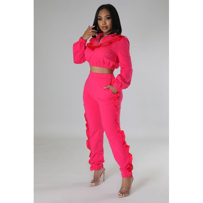 Ruffled Moments Pant Set - Fuschia