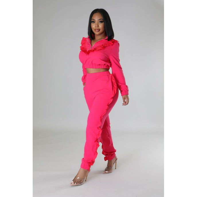 Ruffled Moments Pant Set - Fuschia