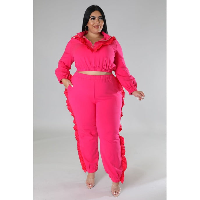 Plus Ruffled Moments Pant Set - Fuschia