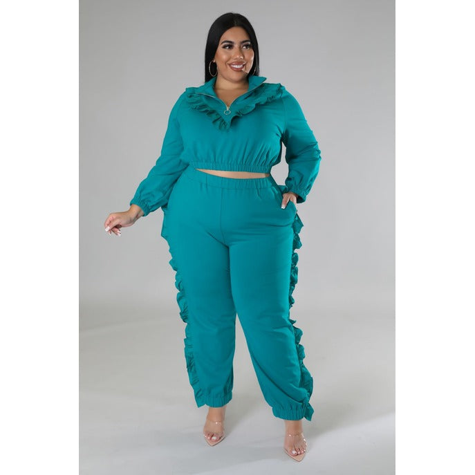 Plus Ruffled Moments Pant Set - Emerald