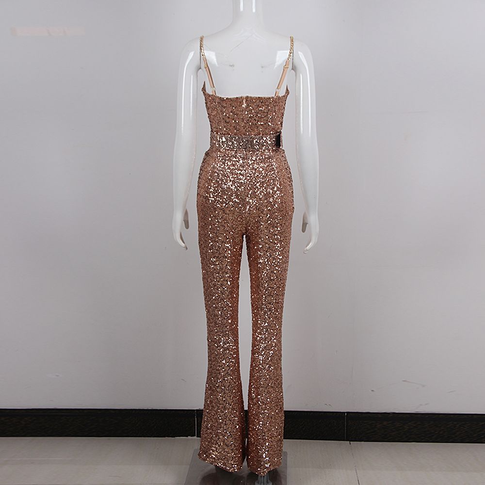 High Quality Gold Shining Sequins Spaghetti Strap Flare Pants Jumpsuit Fashion's Sexy Woman Party Outfit Cocktail Party Vestido