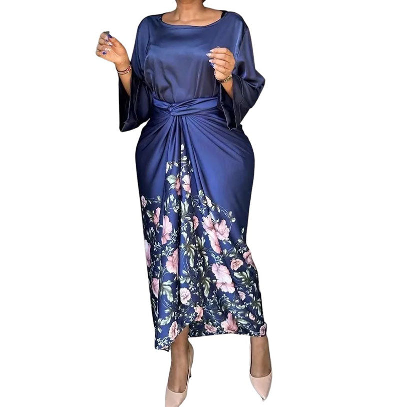 African Printed Women 2pcs Sets Skirt O-neck Loose Flare Sleeve Lace-up Skirt