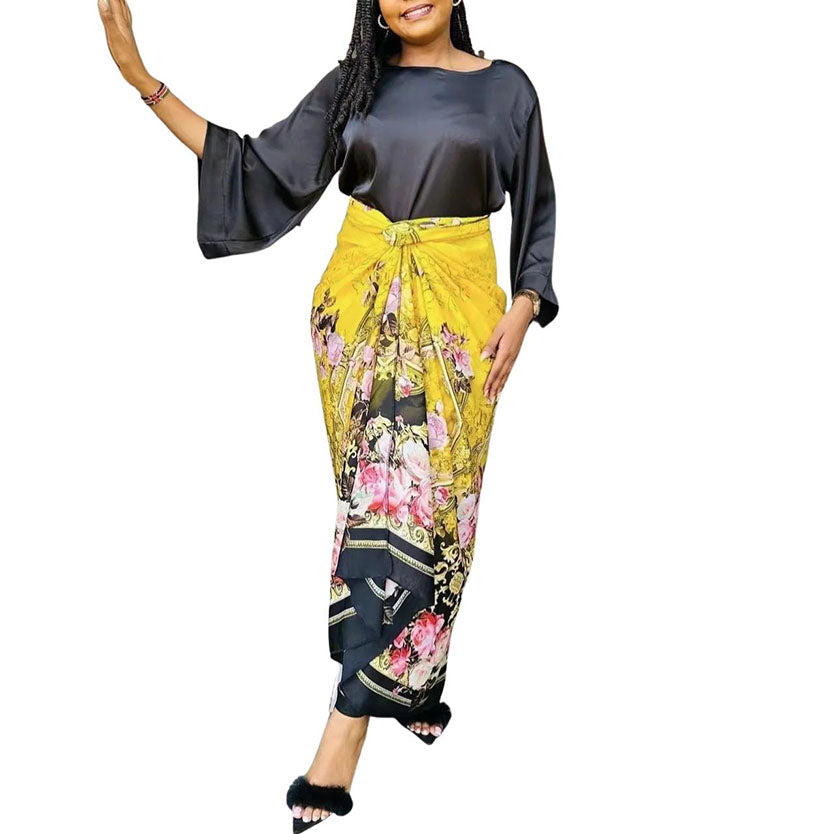 African Printed Women 2pcs Sets Skirt O-neck Loose Flare Sleeve Lace-up Skirt