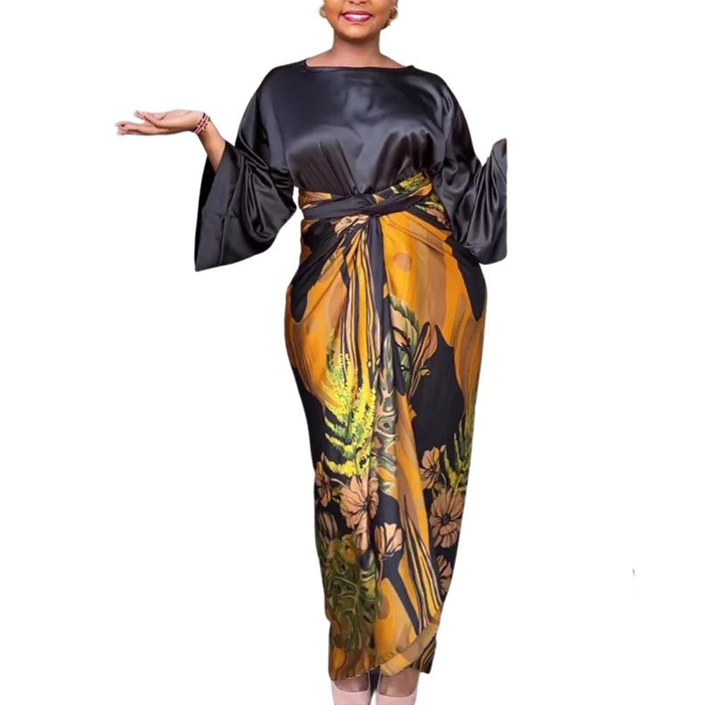 African Printed Women 2pcs Sets Skirt O-neck Loose Flare Sleeve Lace-up Skirt